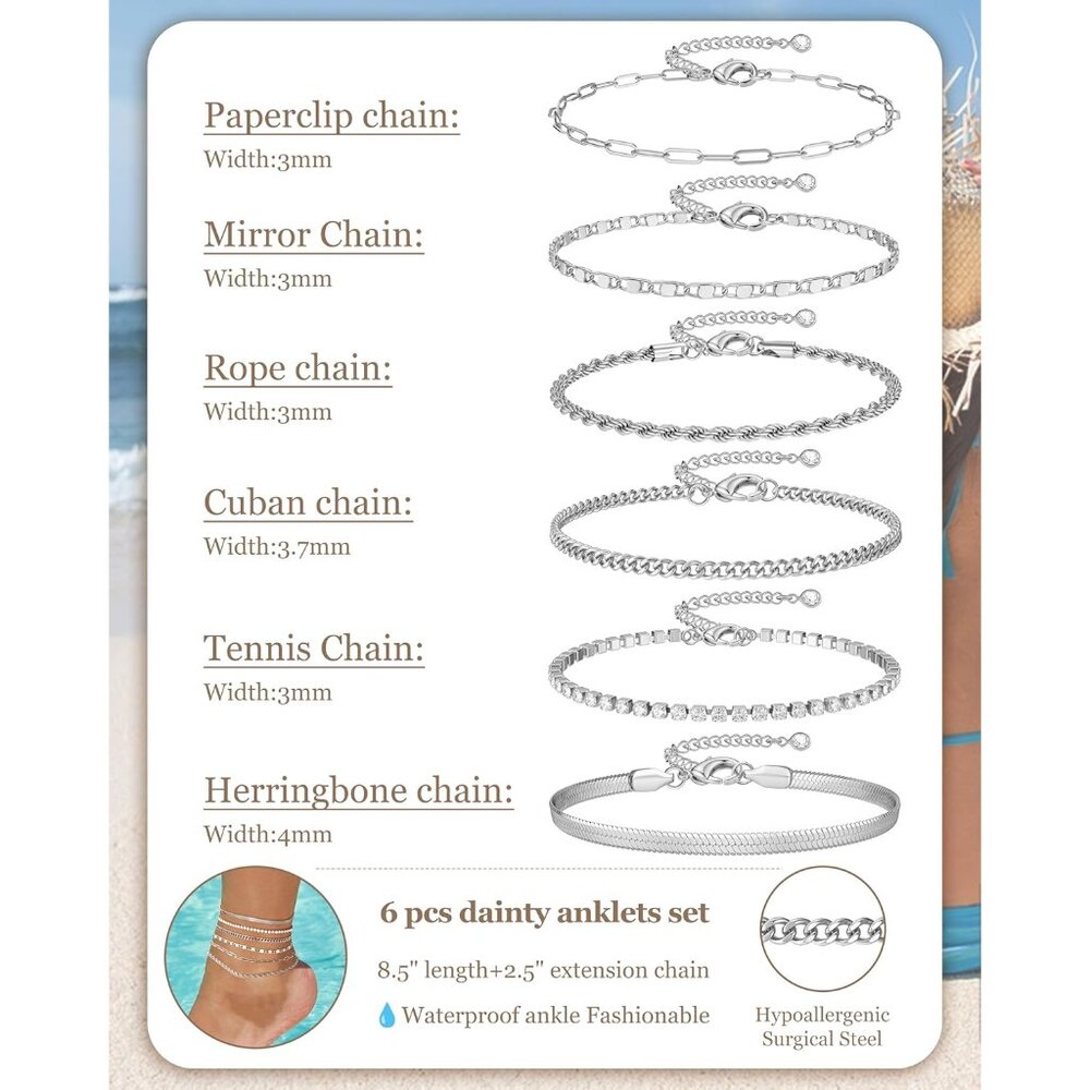 Fashionable 6pcs Stackable Anklets - Waterproof &… - image 3